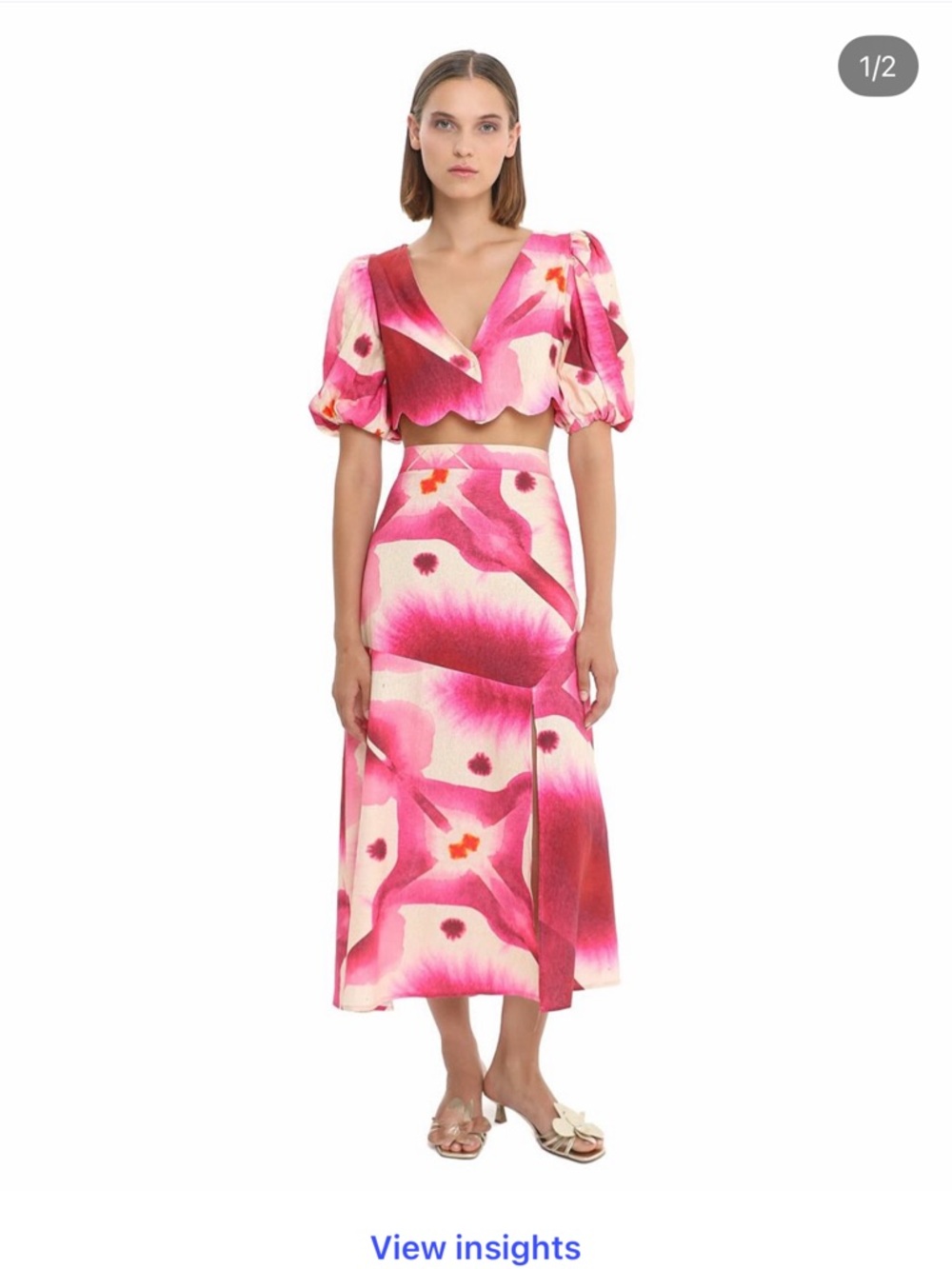 LAAGAM Rose Puff Sleeve Scallop Crop Top and Maxi Skirt Pink